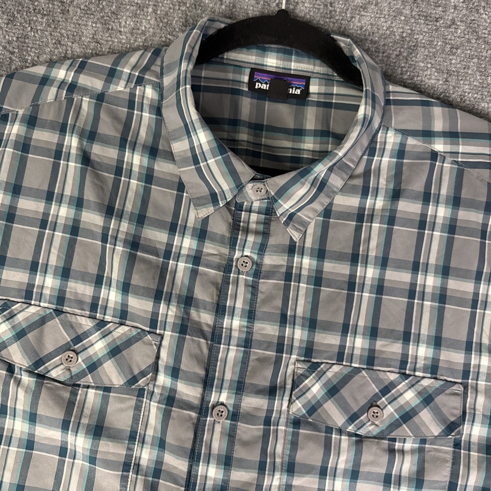 Patagonia Mens High Moss Gray Teal Plaid Outdoor Short Sleeve Button Up Size XXL